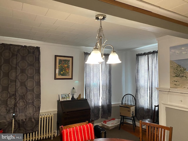 dining space featuring a chandelier, wood-type flooring, and radiator heating unit