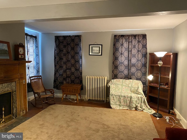 sitting room featuring a fireplace and radiator heating unit