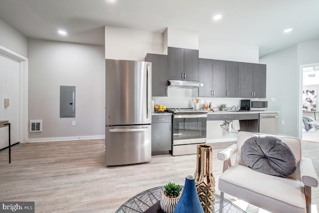 kitchen with stainless steel appliances and light hardwood / wood-style floors