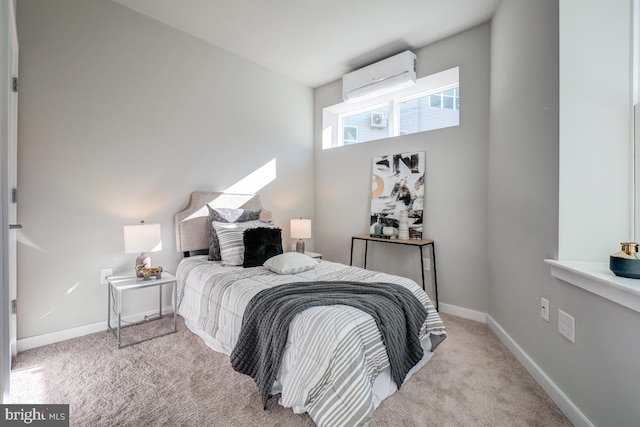 carpeted bedroom featuring a wall mounted air conditioner