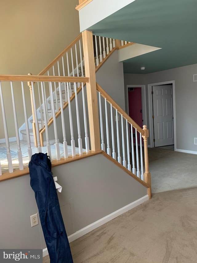 stairway featuring carpet