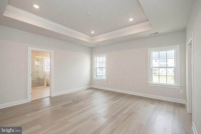 spare room featuring ornamental molding, light hardwood / wood-style floors, and a tray ceiling