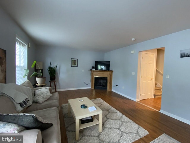 living room featuring dark wood-type flooring