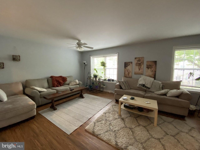 living room featuring hardwood / wood-style floors and ceiling fan