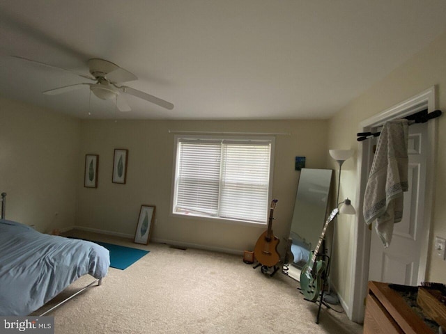 bedroom featuring carpet flooring and ceiling fan