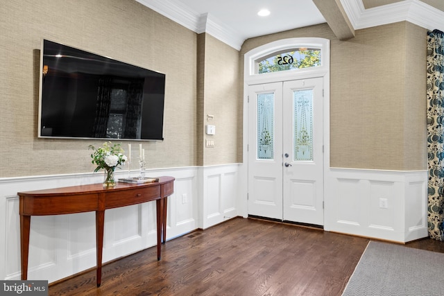 entryway featuring crown molding and dark wood-type flooring