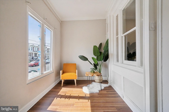 sitting room featuring dark hardwood / wood-style floors and ornamental molding