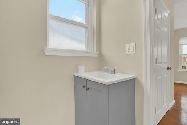 bathroom with hardwood / wood-style floors and vanity