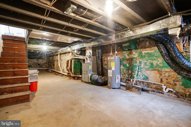 basement featuring water heater and heating utilities