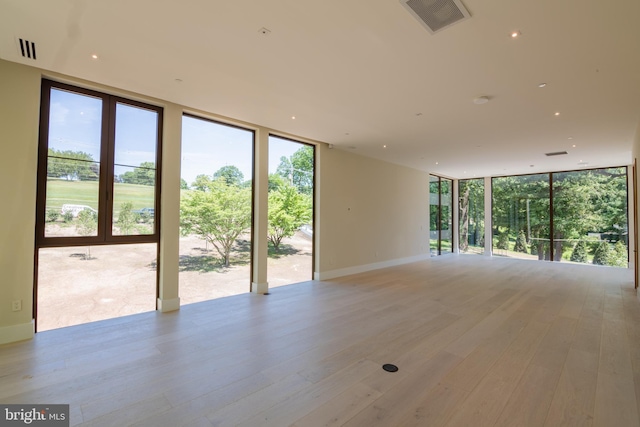 empty room featuring expansive windows and light wood-type flooring