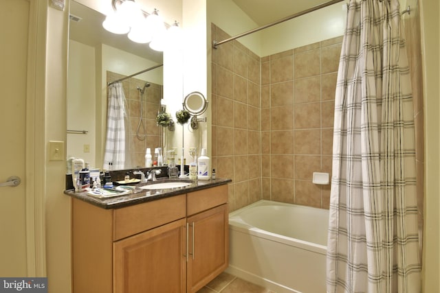 bathroom with tile floors, shower / tub combo with curtain, and oversized vanity