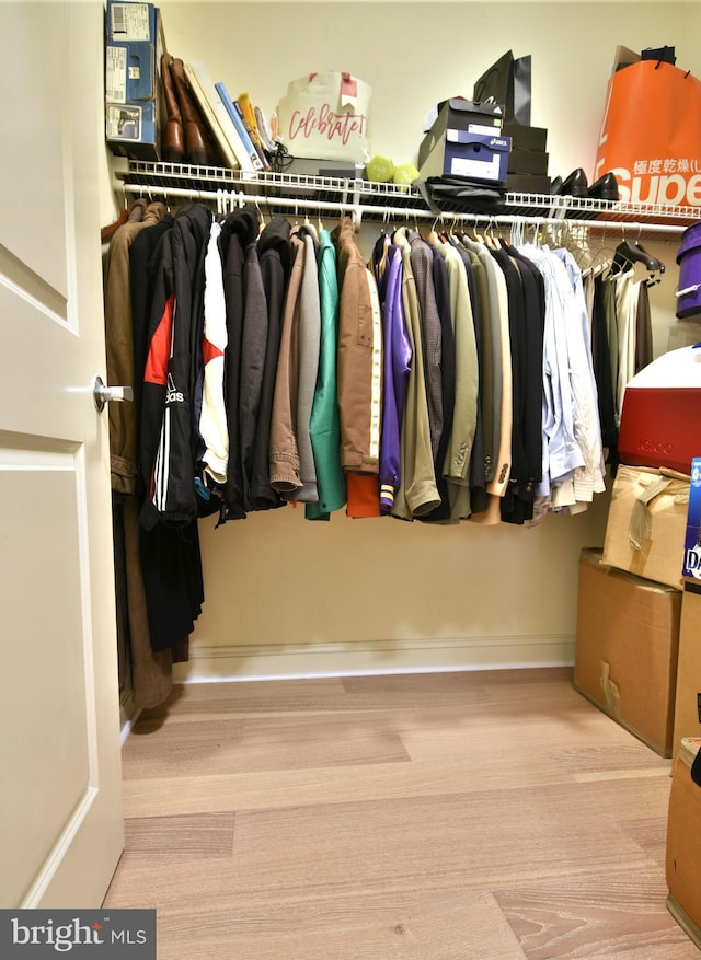 walk in closet with light hardwood / wood-style flooring