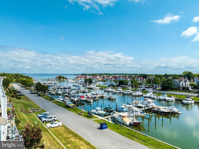 drone / aerial view featuring a water view