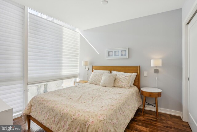 bedroom featuring dark hardwood / wood-style floors and a closet