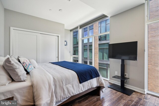 bedroom featuring dark hardwood / wood-style floors and a closet