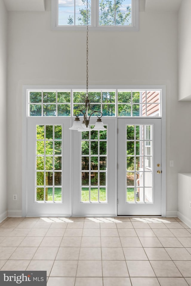 doorway to outside featuring a healthy amount of sunlight and a towering ceiling