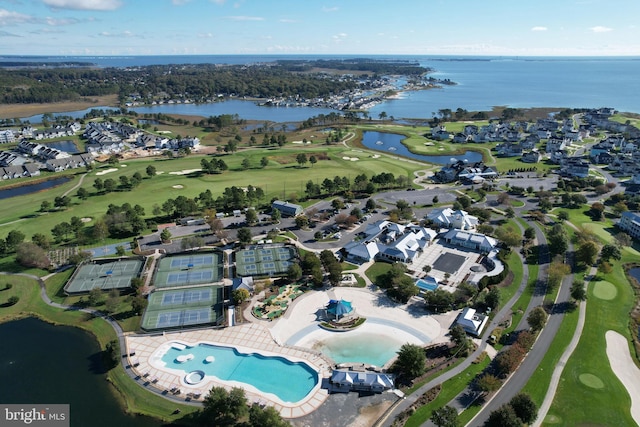 bird's eye view with a water view