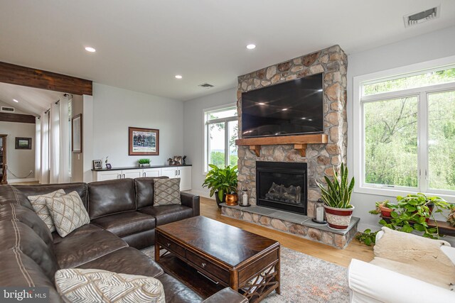 living room with a fireplace and hardwood / wood-style flooring