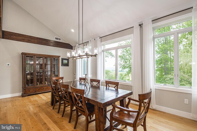 dining space featuring vaulted ceiling, a wealth of natural light, and light wood-type flooring