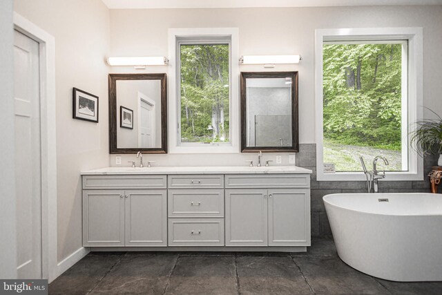 bathroom with vanity and a bath