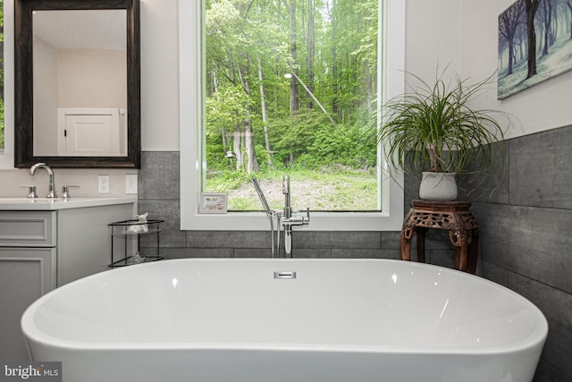 bathroom with a washtub and vanity