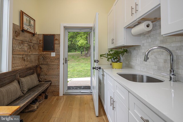 kitchen featuring light wood-type flooring, white cabinets, decorative backsplash, and sink