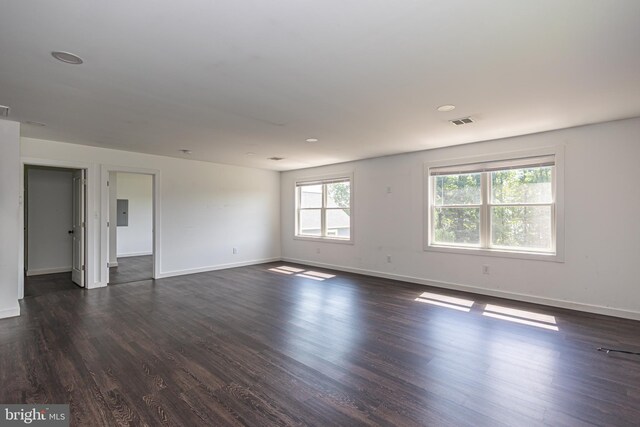 spare room featuring plenty of natural light, dark hardwood / wood-style floors, and electric panel