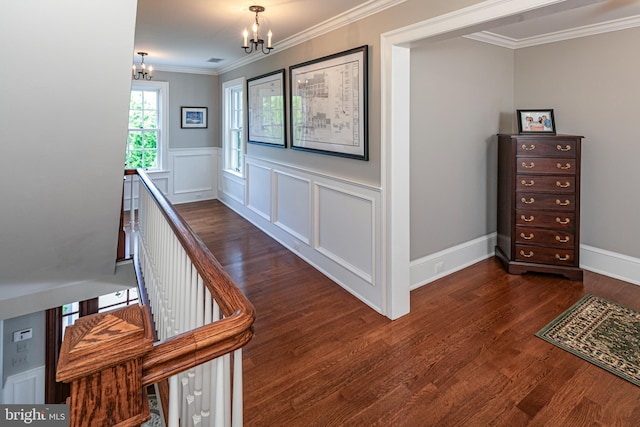 hallway with ornamental molding, dark hardwood / wood-style flooring, and a notable chandelier