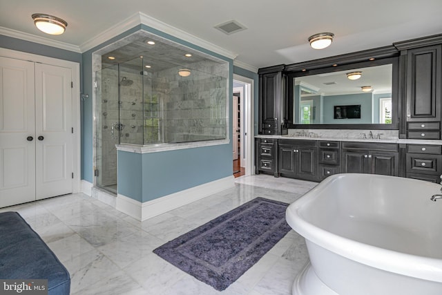 bathroom featuring tile floors, large vanity, ornamental molding, double sink, and shower with separate bathtub