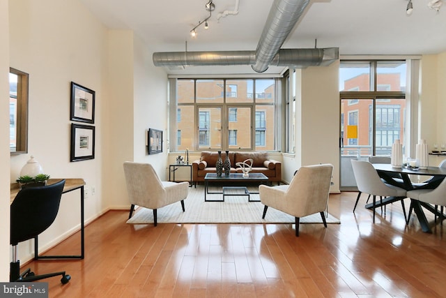 living room with hardwood / wood-style floors and rail lighting