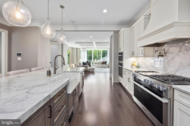 kitchen with premium range hood, white cabinetry, backsplash, ornamental molding, and appliances with stainless steel finishes