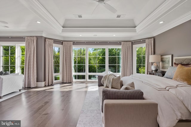 bedroom featuring multiple windows, ceiling fan, hardwood / wood-style floors, and a tray ceiling