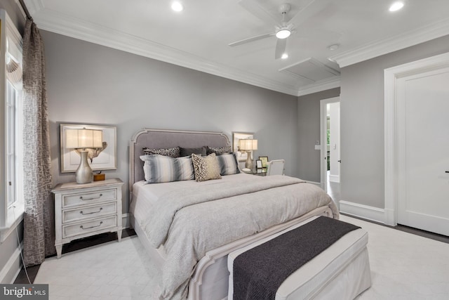 bedroom with ceiling fan and ornamental molding