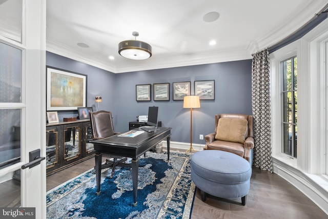 office space with wood-type flooring and ornamental molding