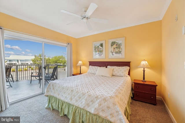 bedroom featuring ceiling fan, ornamental molding, carpet flooring, and access to exterior