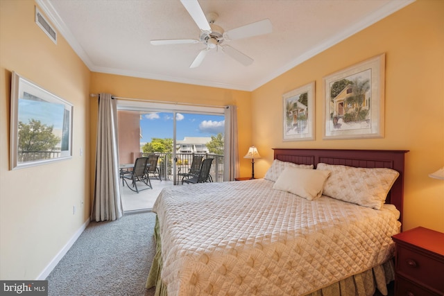 carpeted bedroom with access to outside, crown molding, and multiple windows