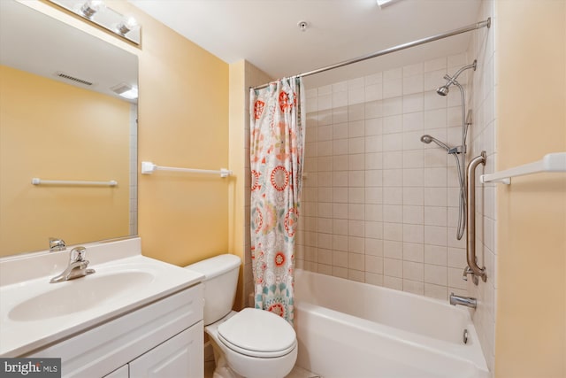 full bathroom with shower / bath combination with curtain, oversized vanity, and toilet