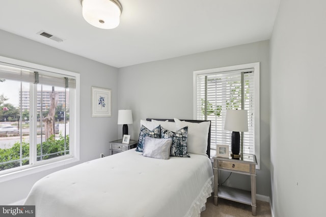 carpeted bedroom featuring multiple windows