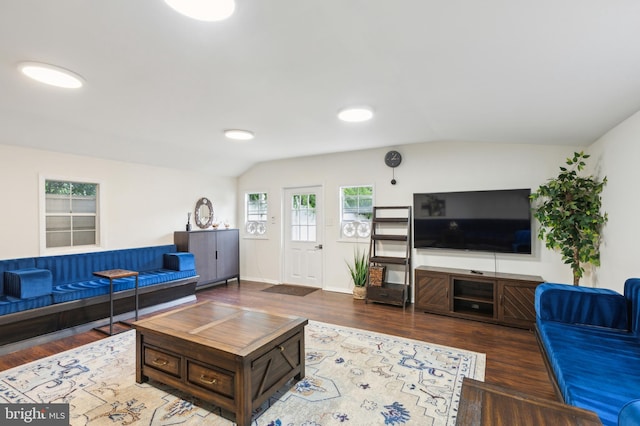 living room featuring dark hardwood / wood-style floors and lofted ceiling