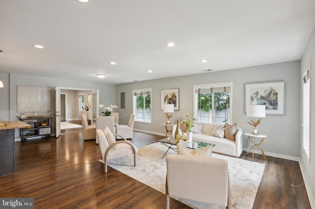 living room with dark hardwood / wood-style flooring