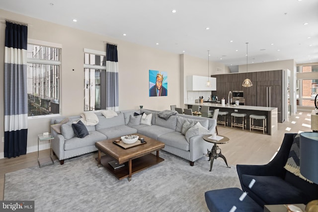 living room featuring light hardwood / wood-style floors and sink