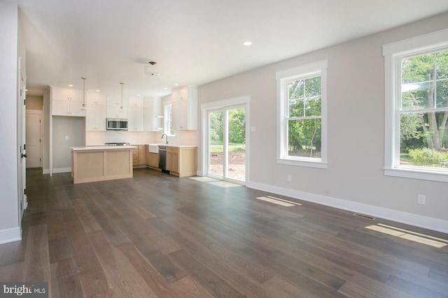 kitchen with appliances with stainless steel finishes, dark hardwood / wood-style floors, white cabinetry, and plenty of natural light