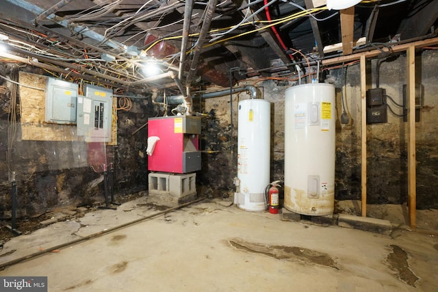 basement with water heater and gas water heater