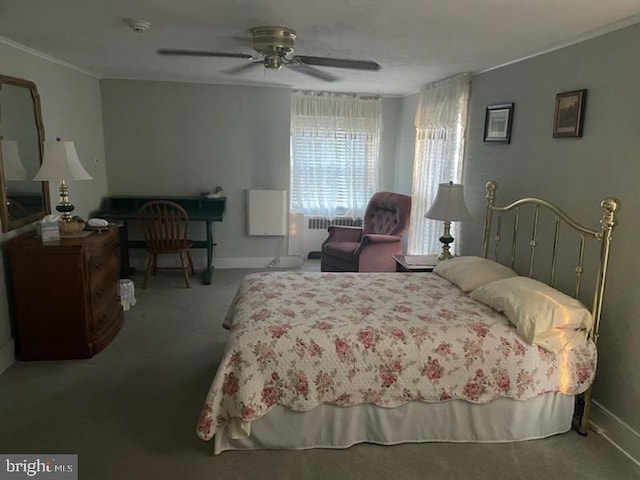 bedroom featuring radiator, ceiling fan, and carpet