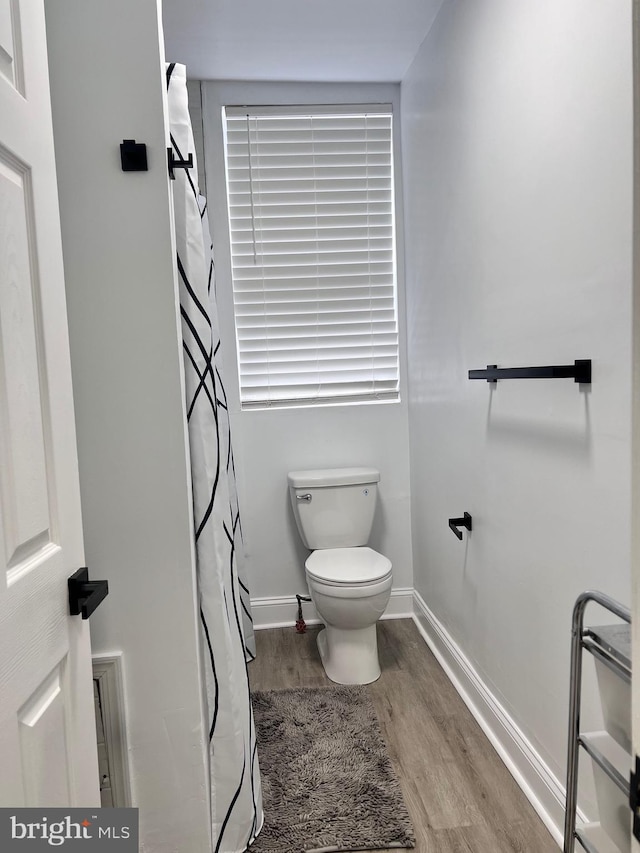 bathroom with hardwood / wood-style flooring and toilet