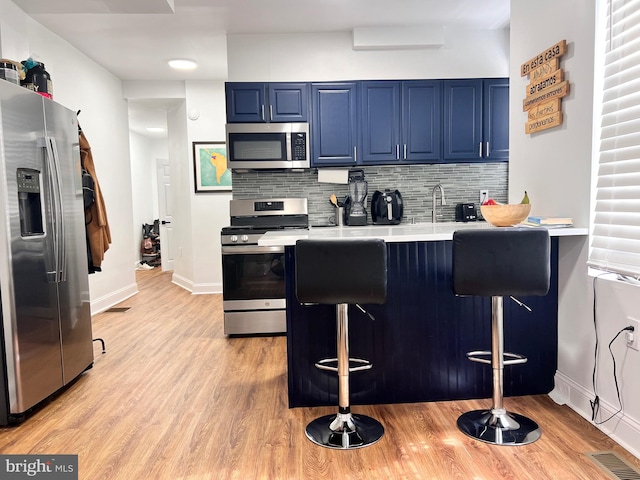 kitchen with blue cabinets, light hardwood / wood-style floors, backsplash, stainless steel appliances, and kitchen peninsula