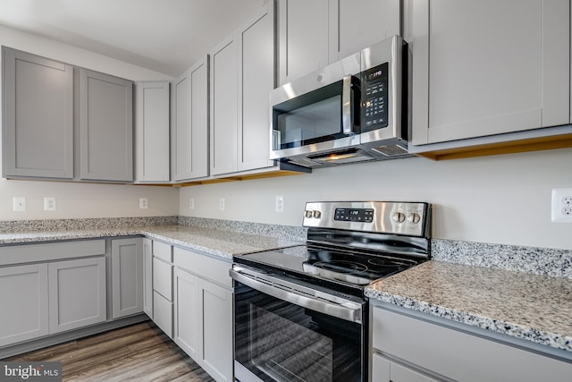 kitchen featuring gray cabinetry, wood-type flooring, stainless steel appliances, and light stone countertops