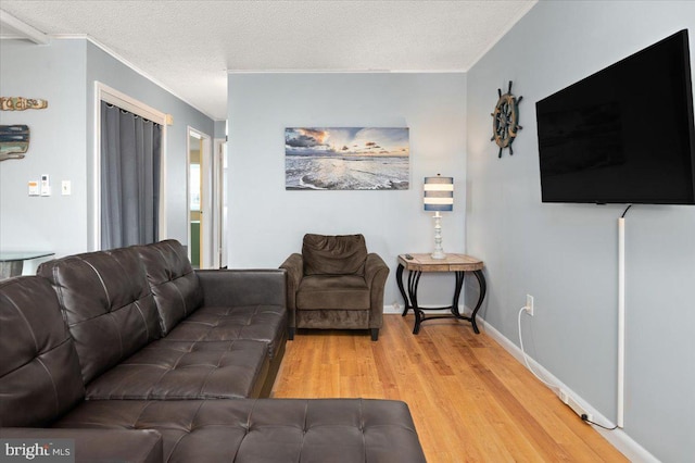 living room with ornamental molding, a textured ceiling, and light wood-type flooring