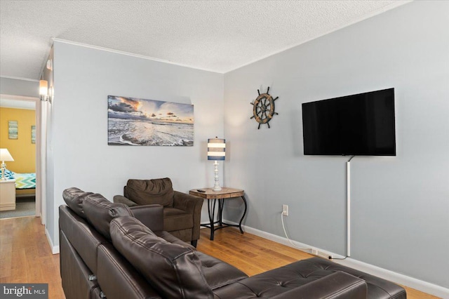 living room with crown molding, hardwood / wood-style flooring, and a textured ceiling