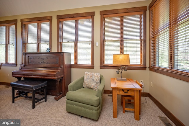 sitting room featuring light colored carpet